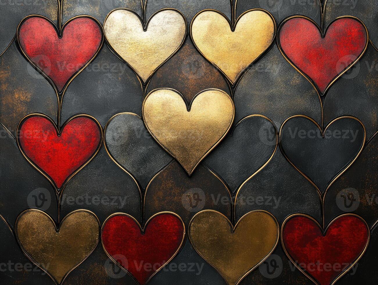 Red and gold hearts creating a decorative pattern on a dark background photo