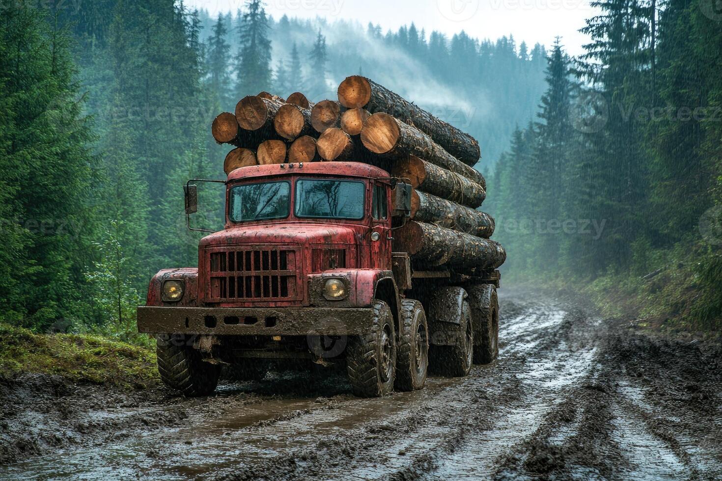 Logging truck carrying timber on muddy snowy forest road. photo
