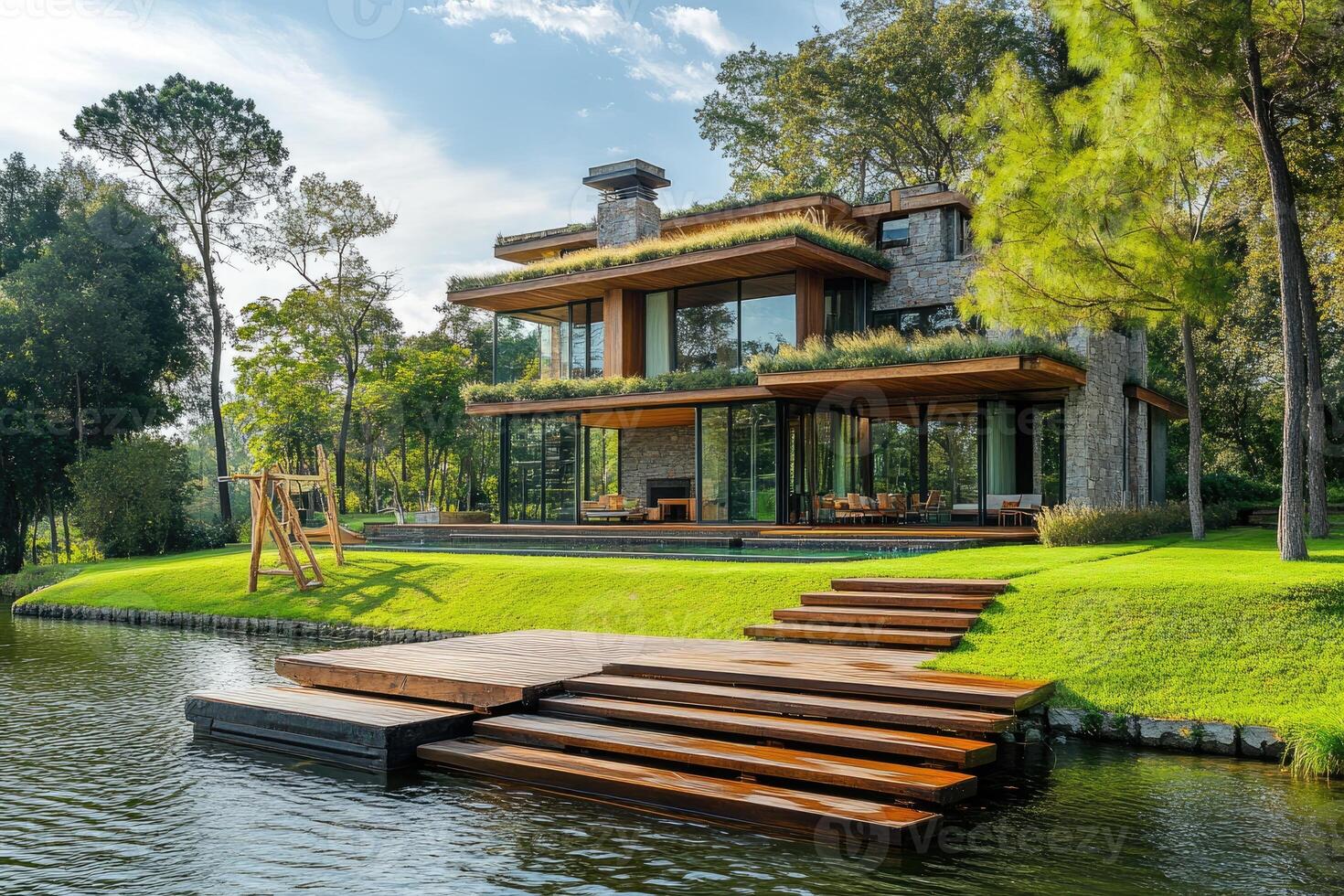 Modern lake house with wooden deck and boat photo
