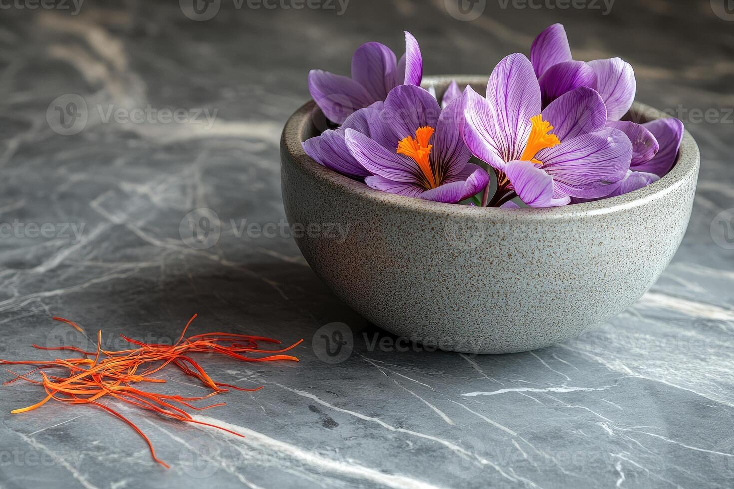 Saffron stigmas and crocus flowers resting in a bowl on a marble table photo