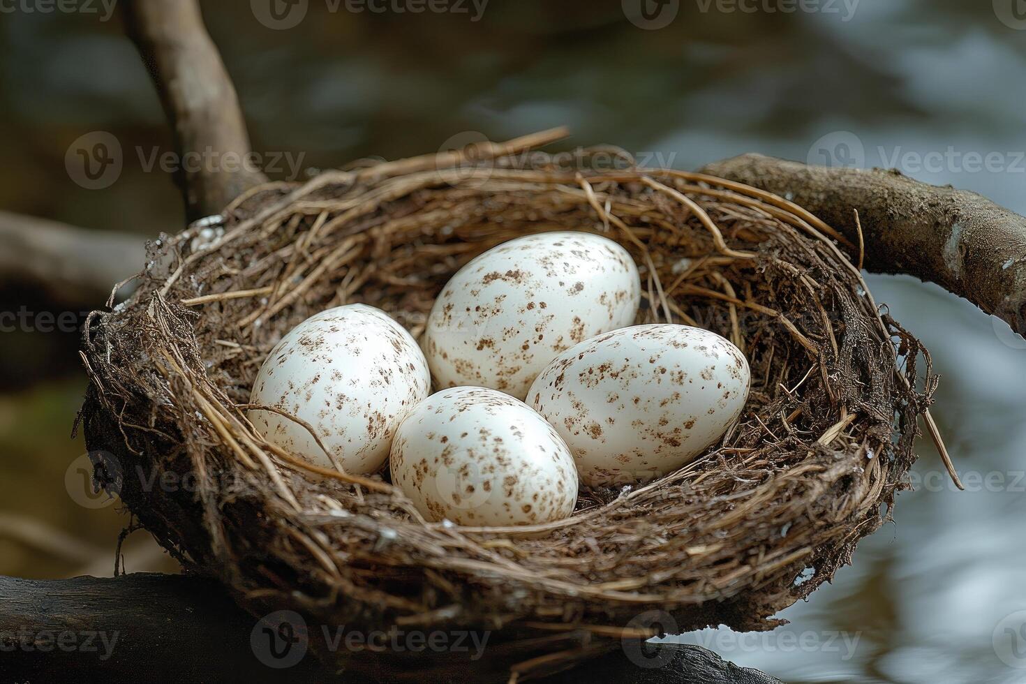 Four spotted eggs resting in bird nest overlooking water photo