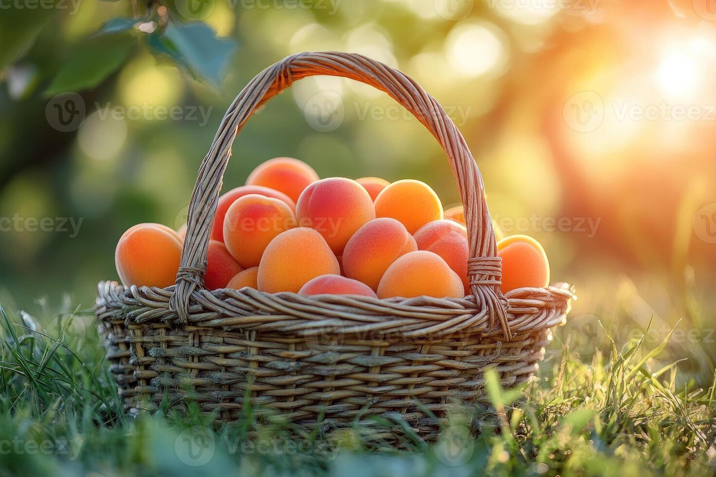 Wicker basket overflowing with freshly picked apricots photo