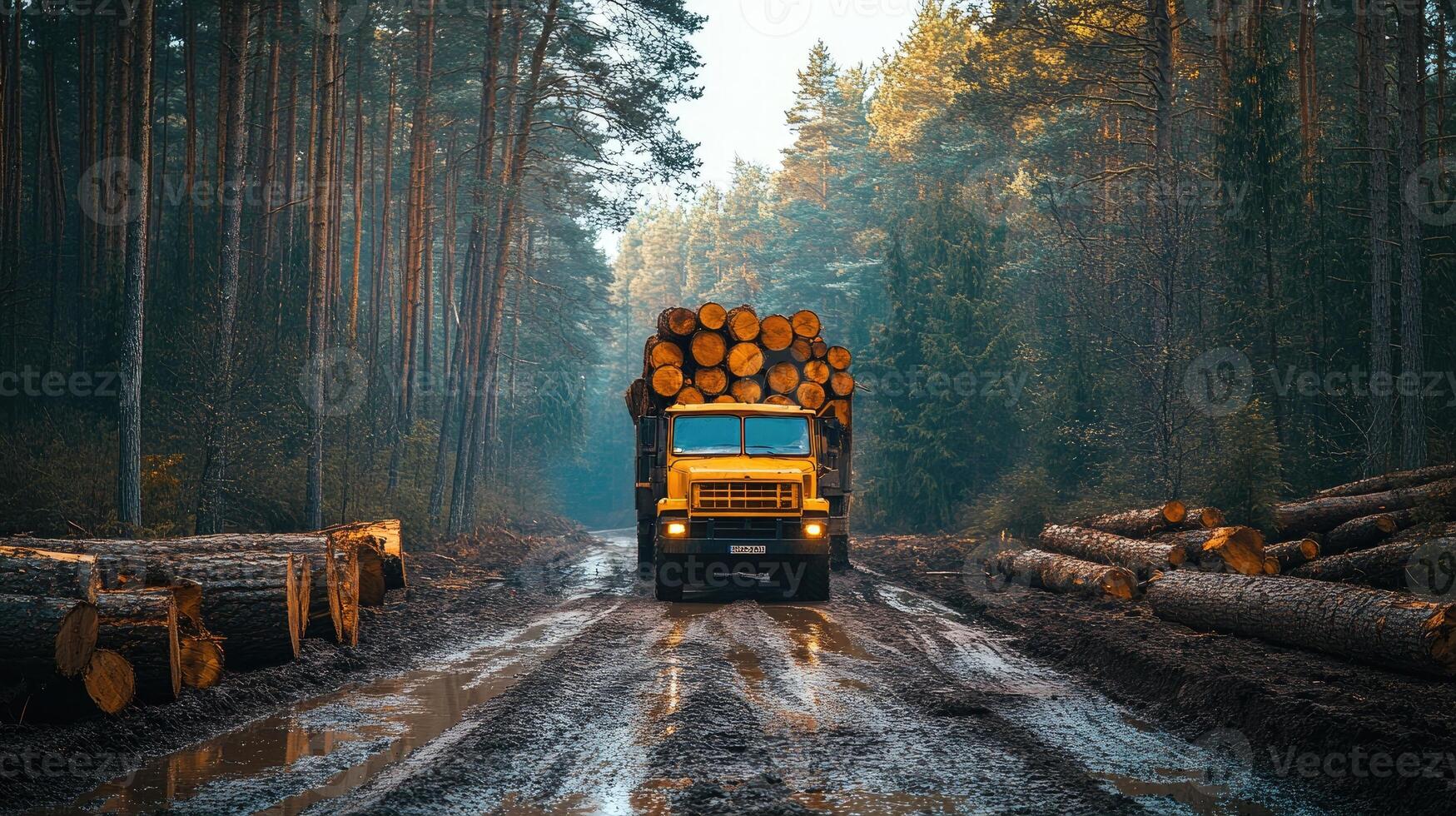 Logging truck carrying wood logs photo