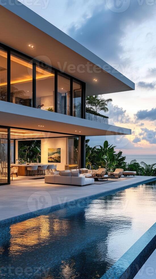 Modern luxury villa overlooking tropical ocean at sunset with infinity pool photo