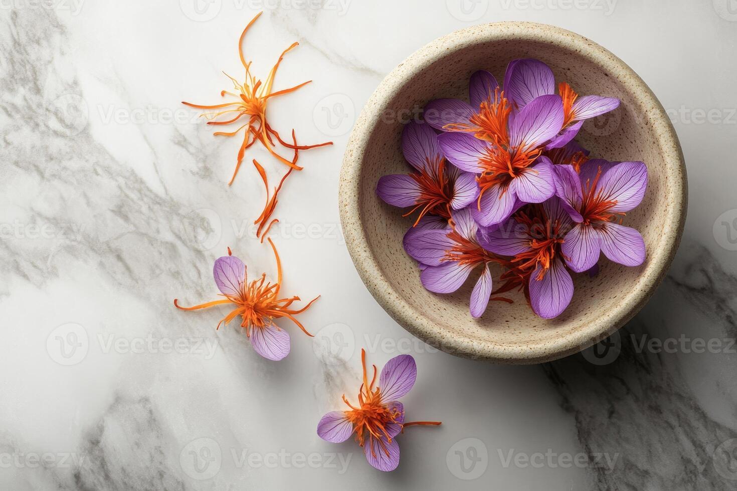 Saffron stigmas and flowers resting in a bowl on marble table photo
