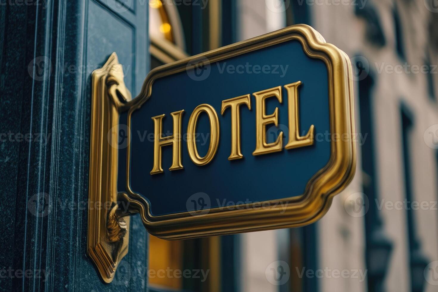 Elegant hotel sign hanging on building facade symbolizing luxury accommodation photo