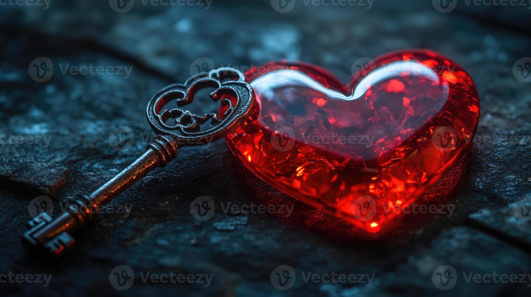 Antique key unlocking a glowing red heart on dark stone photo