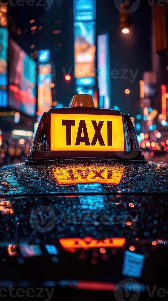 Taxi cab illuminated sign reflecting on wet roof in times square at night photo