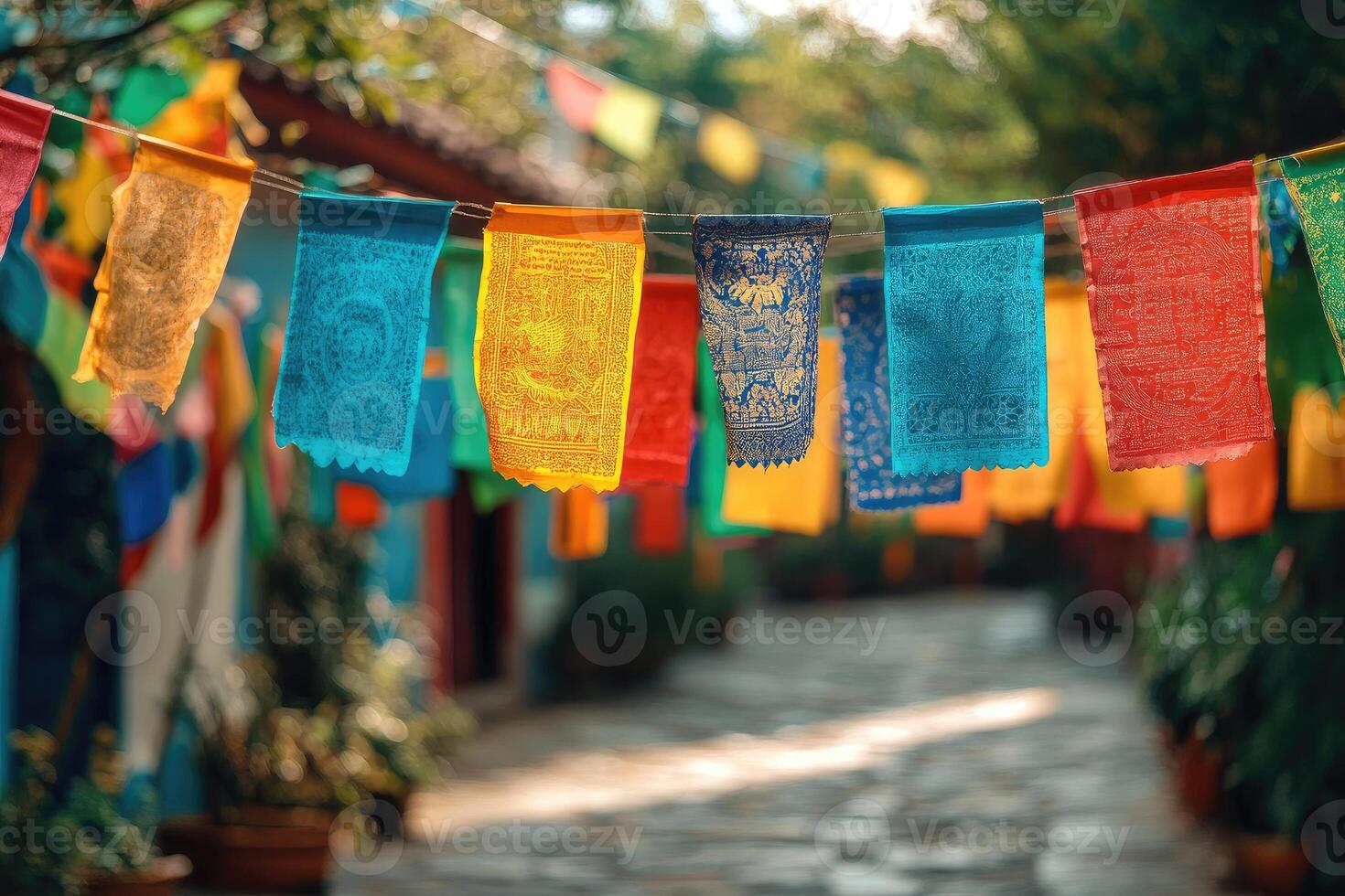Colorful prayer flags hanging in a tranquil buddhist temple. photo