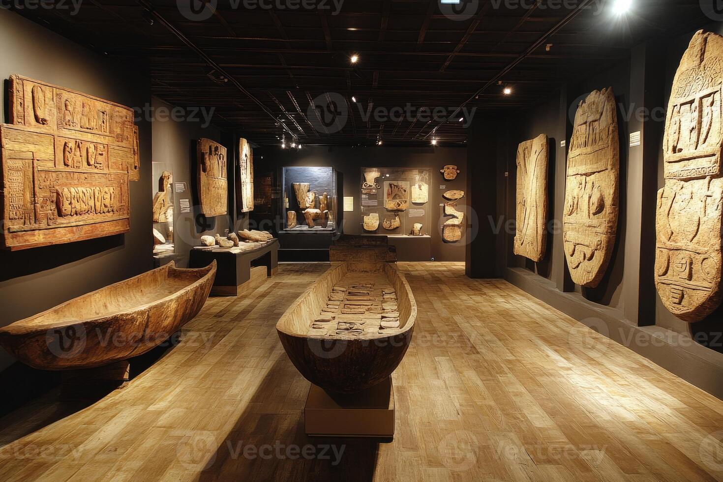 Museum exhibit showcasing ancient wooden artifacts and carved canoes photo