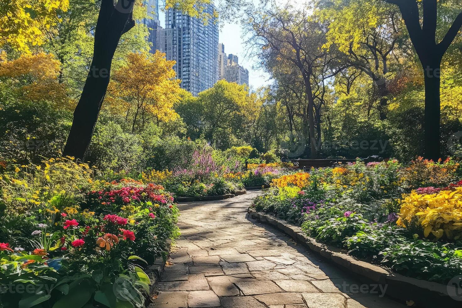 Stone paved path crosses colorful flowerbeds in central park conservatory garden in autumn photo