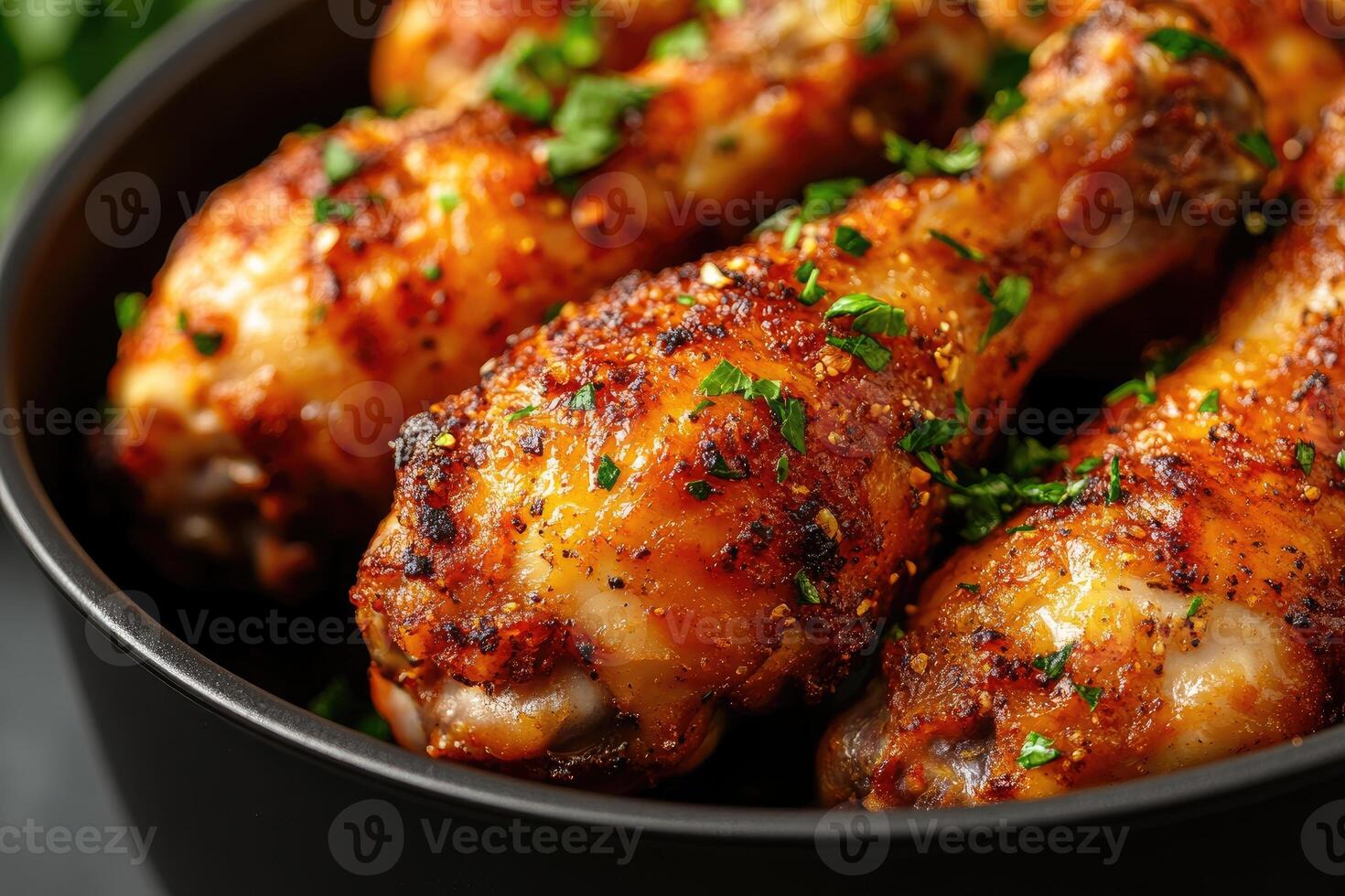 Roasted chicken drumsticks garnished with fresh parsley photo