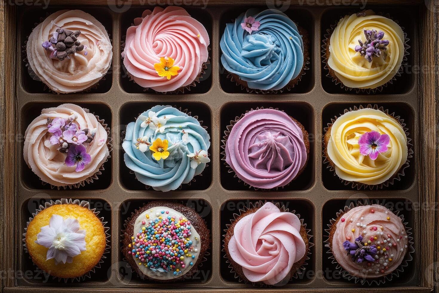 Colorful cupcakes decorated with edible flowers photo