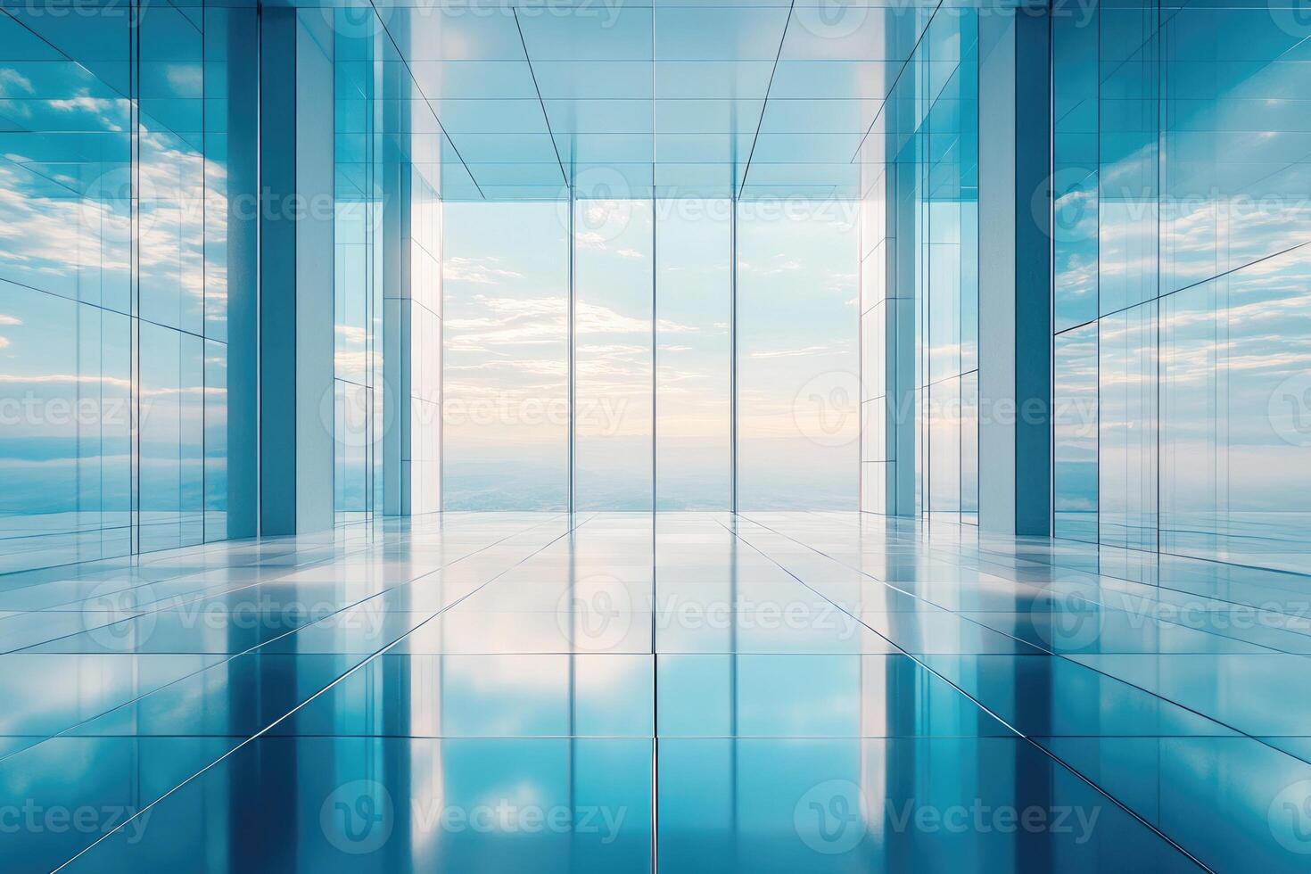 Modern glass building interior reflecting blue sky and clouds photo