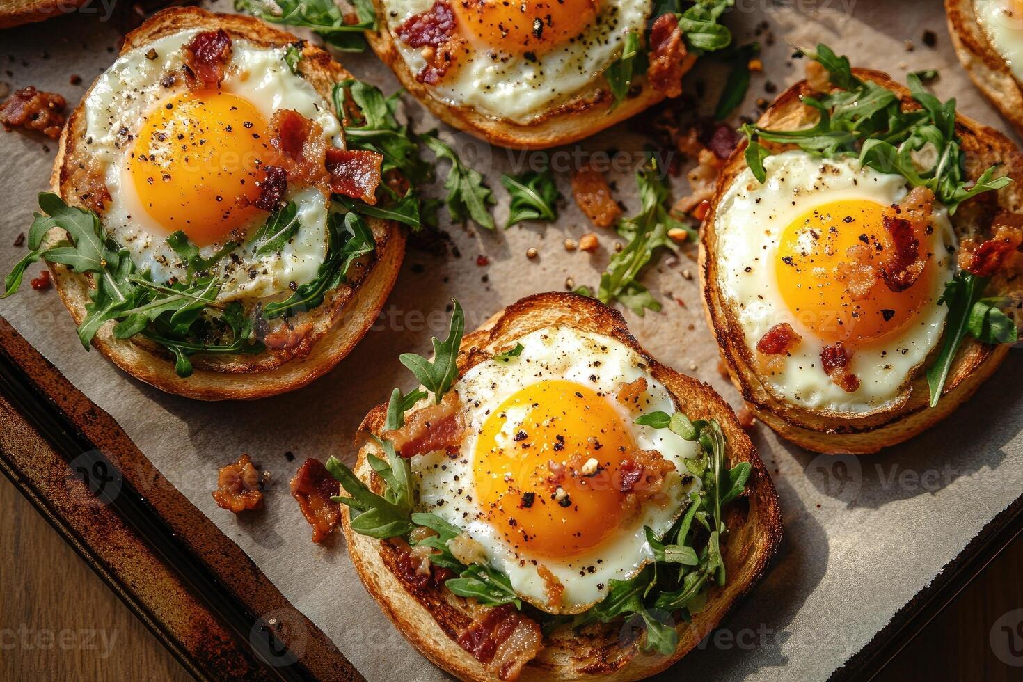 Delicious egg-in-a-holes with crispy bacon and fresh arugula on toasted bread photo