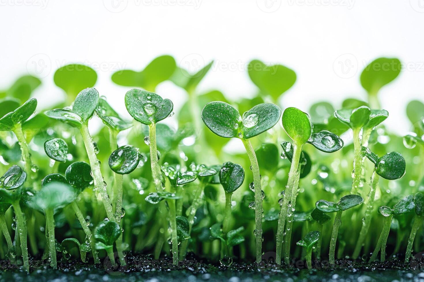 Microgreens growing with water droplets new life sprouting. photo