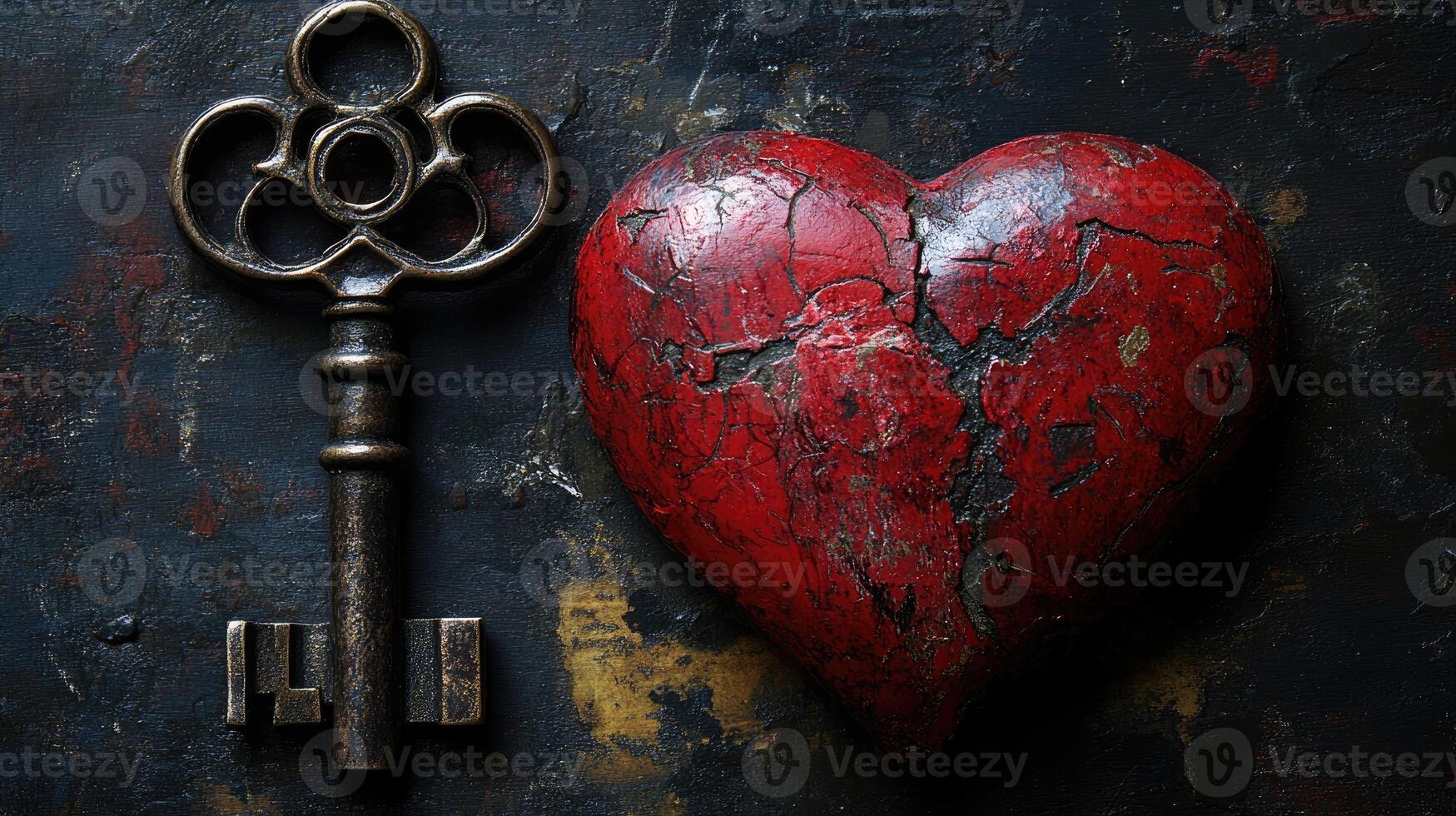 Antique key and broken red heart representing lost love on dark background photo