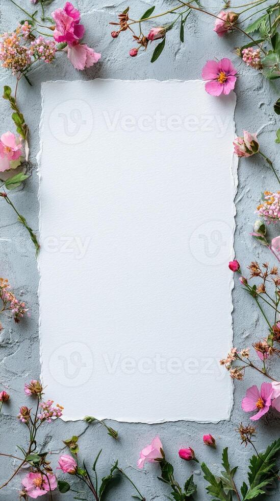 Empty paper surrounded by pink flowers on gray background creating mockup for design photo