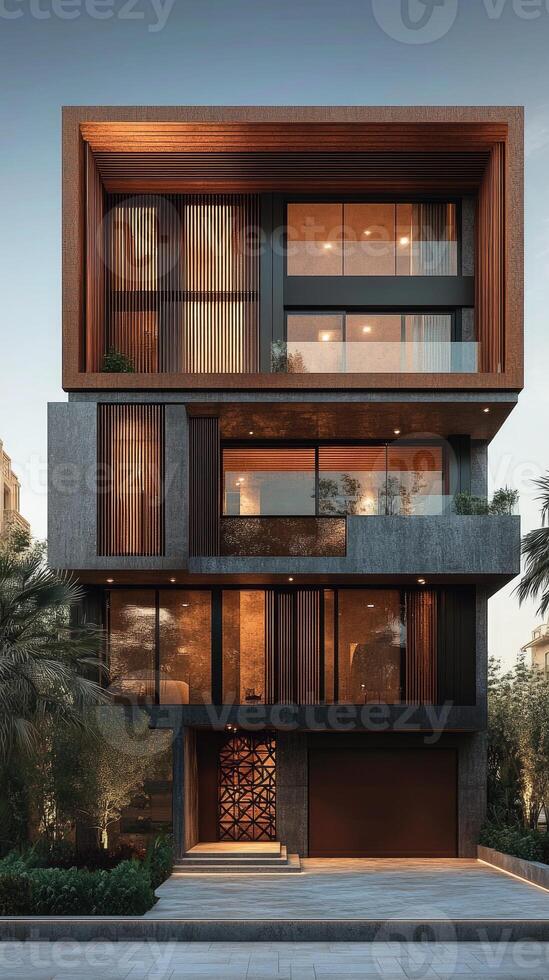 Modern house exterior design with warm lighting and wooden elements illuminating the twilight photo