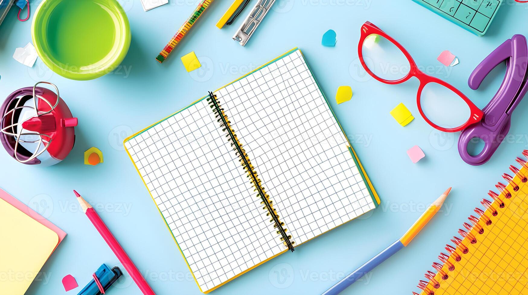 Colorful Stationery Setup with Blank Notebook and School Supplies photo