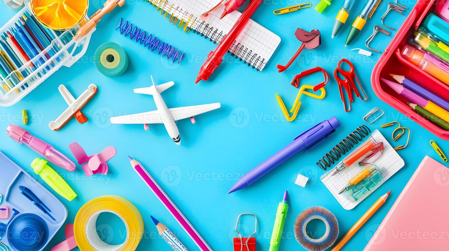 Colorful School Supplies and Stationery on Bright Blue Background photo