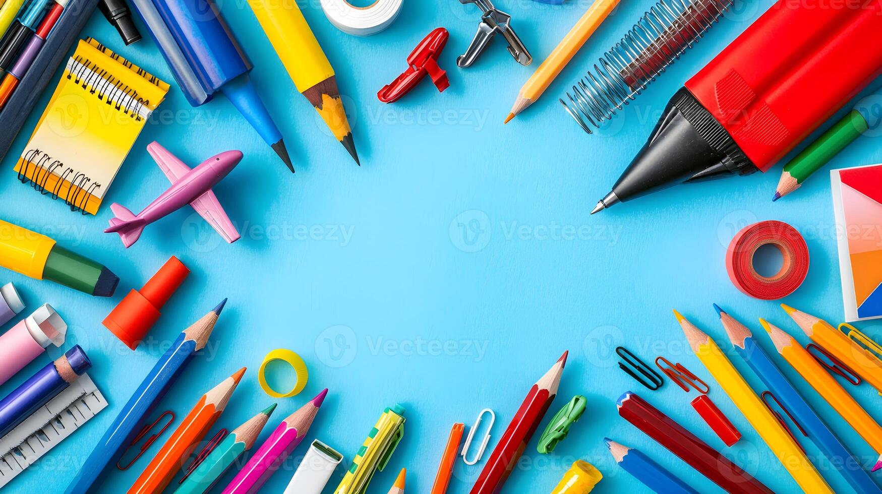 Colorful Stationery Items on Vibrant Blue Background for Creativity photo