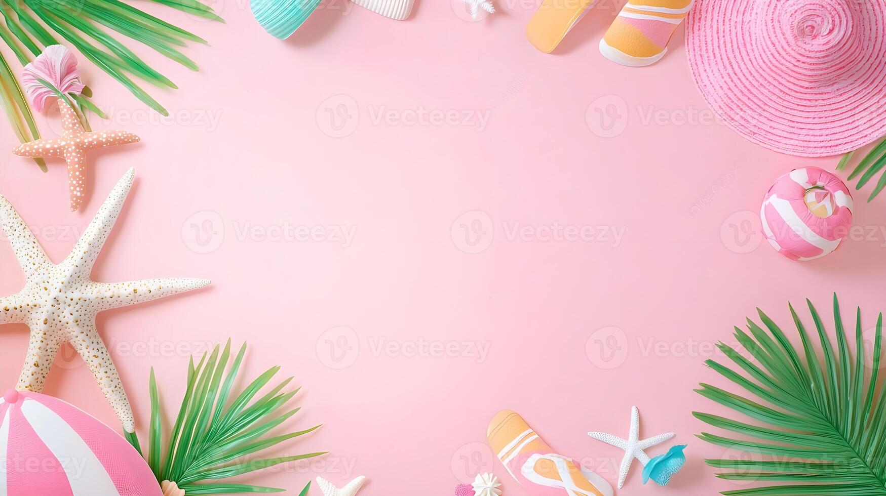 Colorful Summer Beach Flat Lay with Palm Leaves and Starfish photo