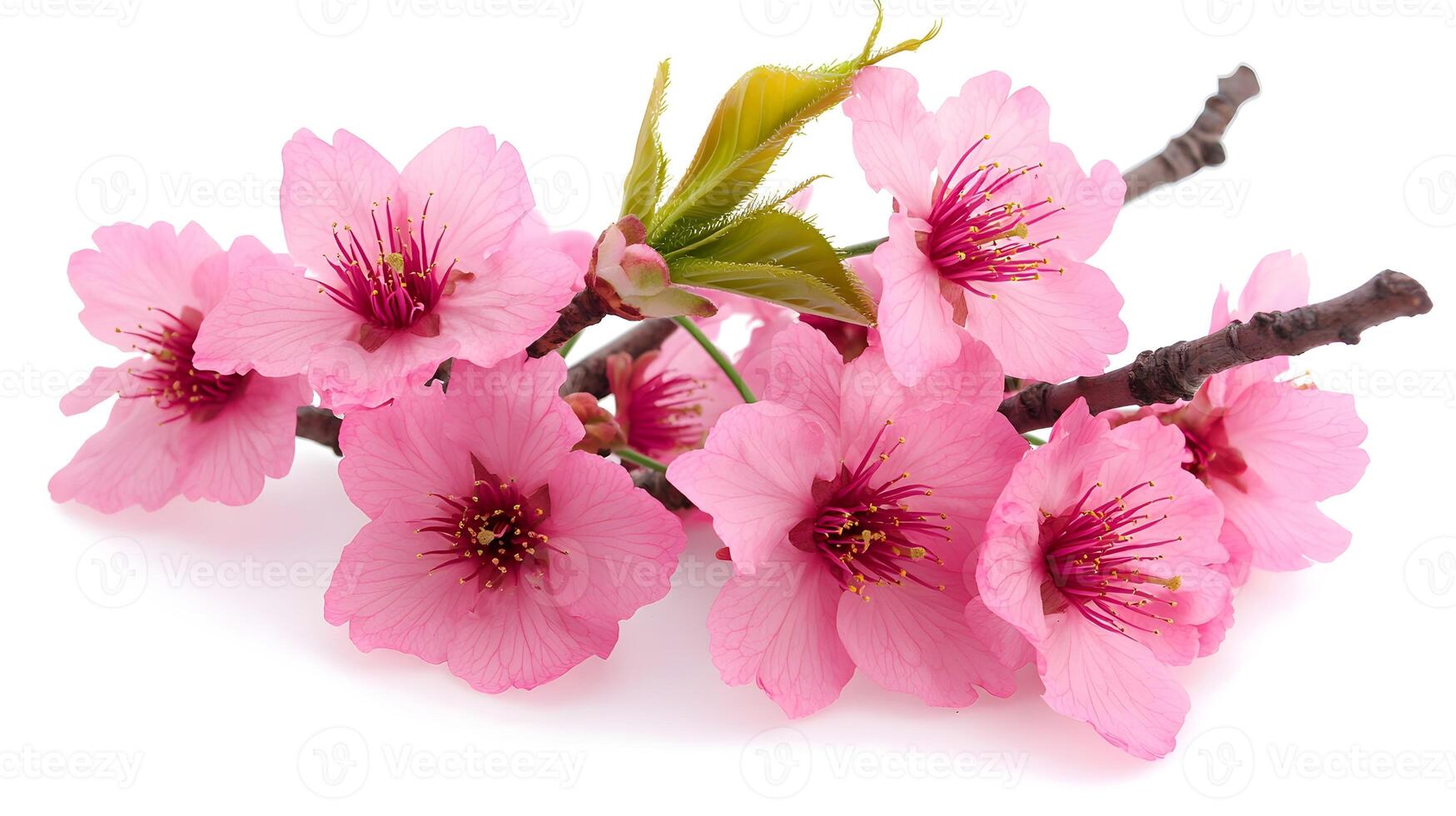 Delicate Pink Cherry Blossom Flowers on Branches Isolated on White photo