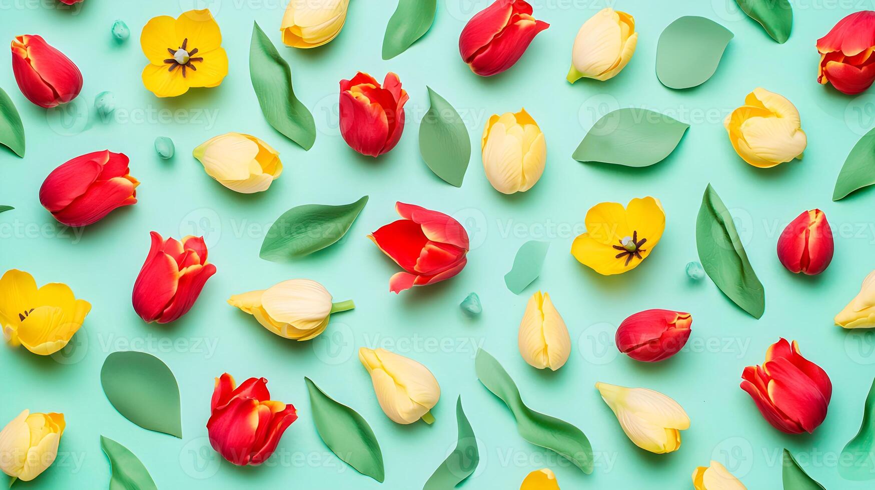 Colorful Tulips and Leaves on Soft Mint Background for Spring Decor photo