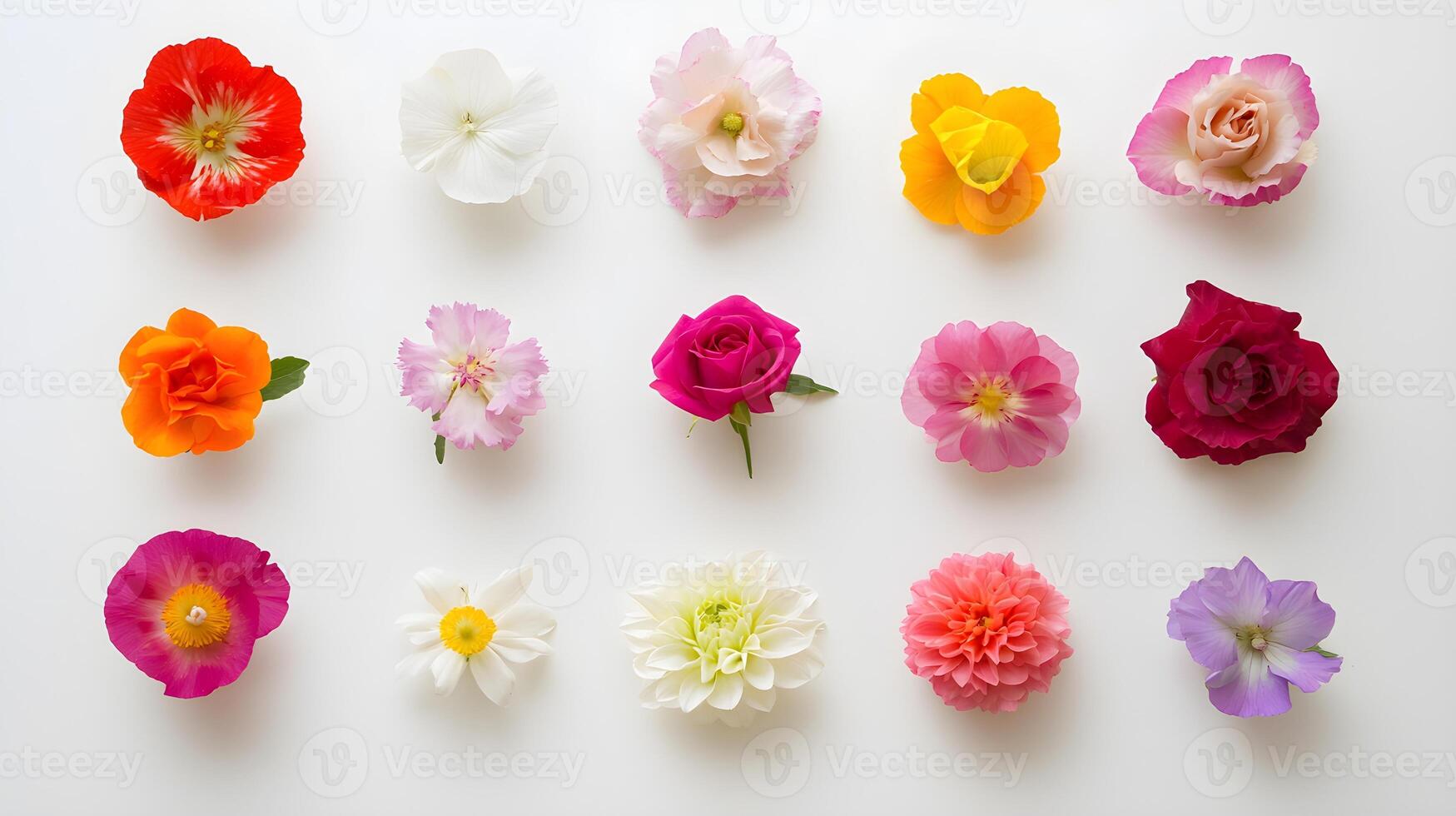 Vibrant Array of Colorful Floral Blooms on White Background photo