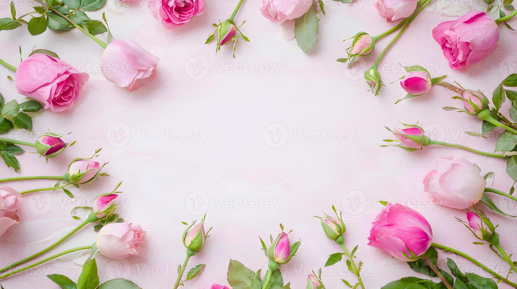 Soft Pink Roses and Green Leaves on Light Background for Design photo