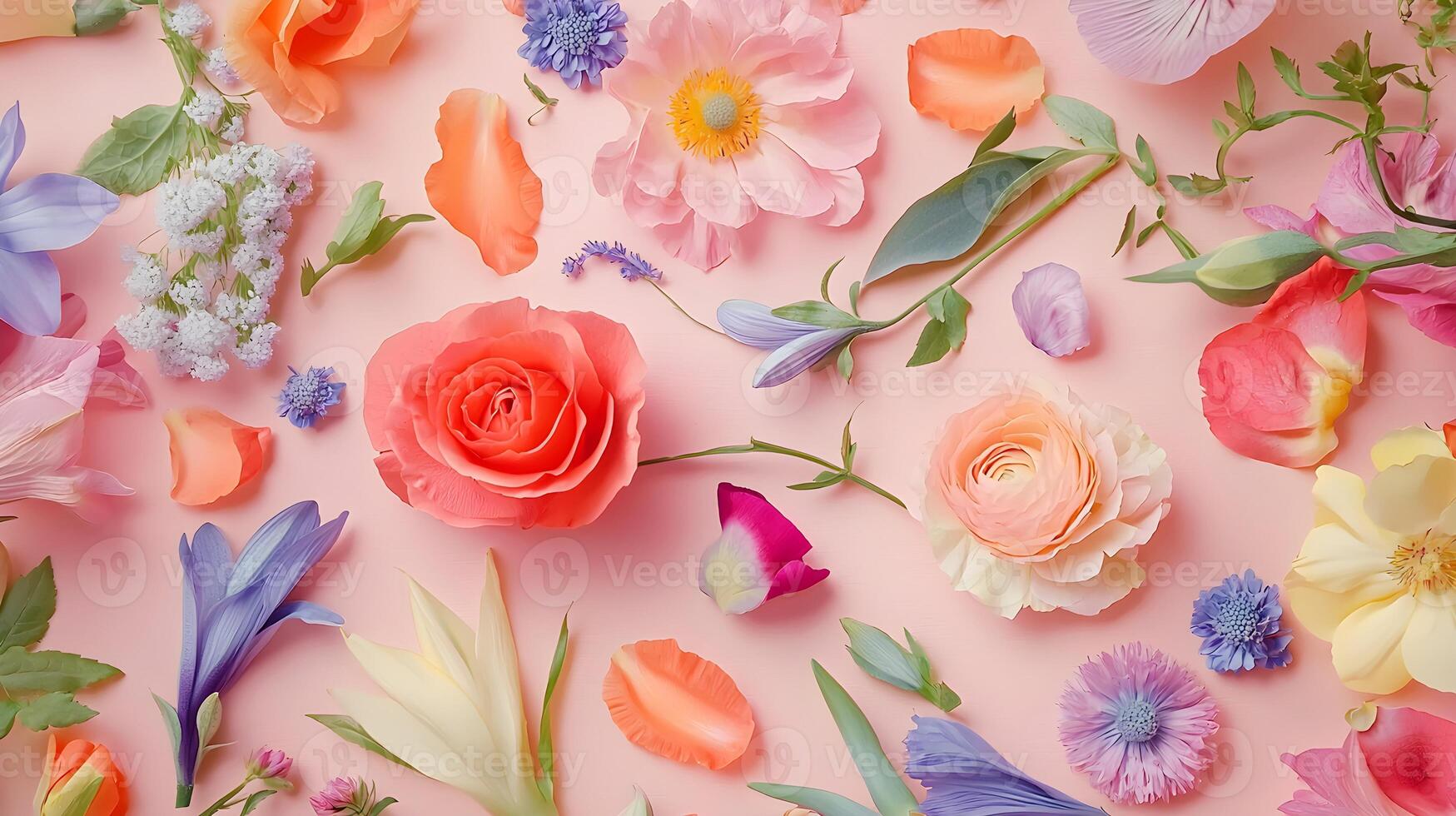 Colorful Floral Arrangement on Soft Pink Background for Spring Designs photo