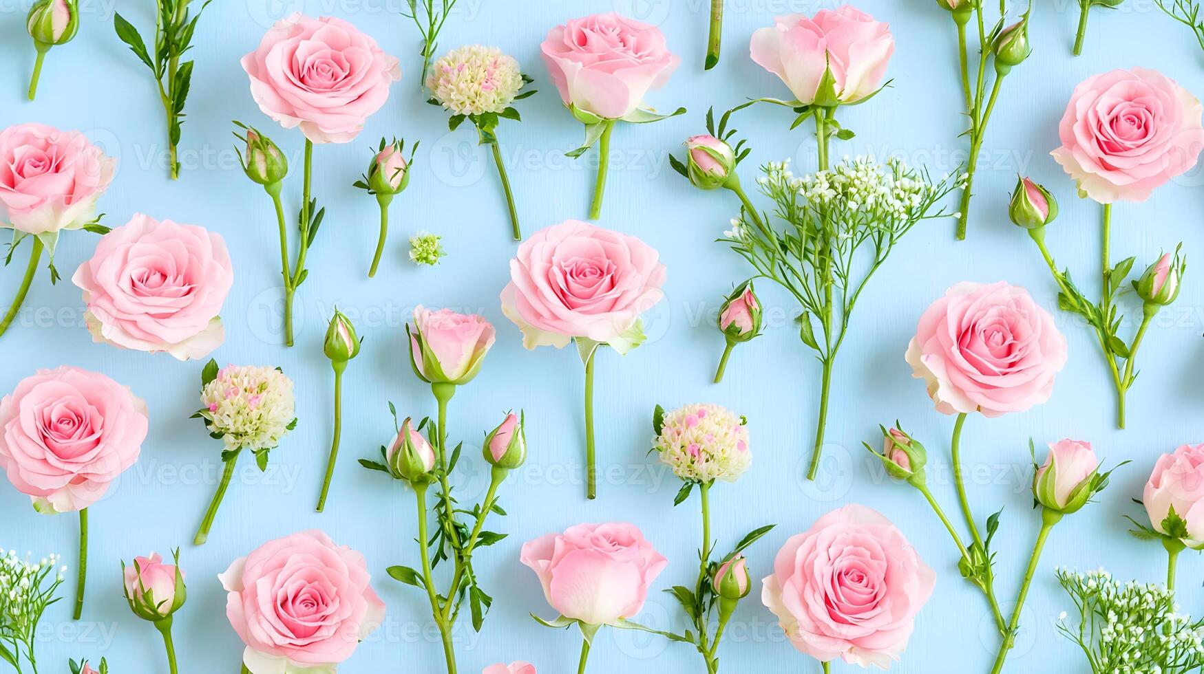 Beautiful Pink Roses and Greenery on Soft Blue Background photo