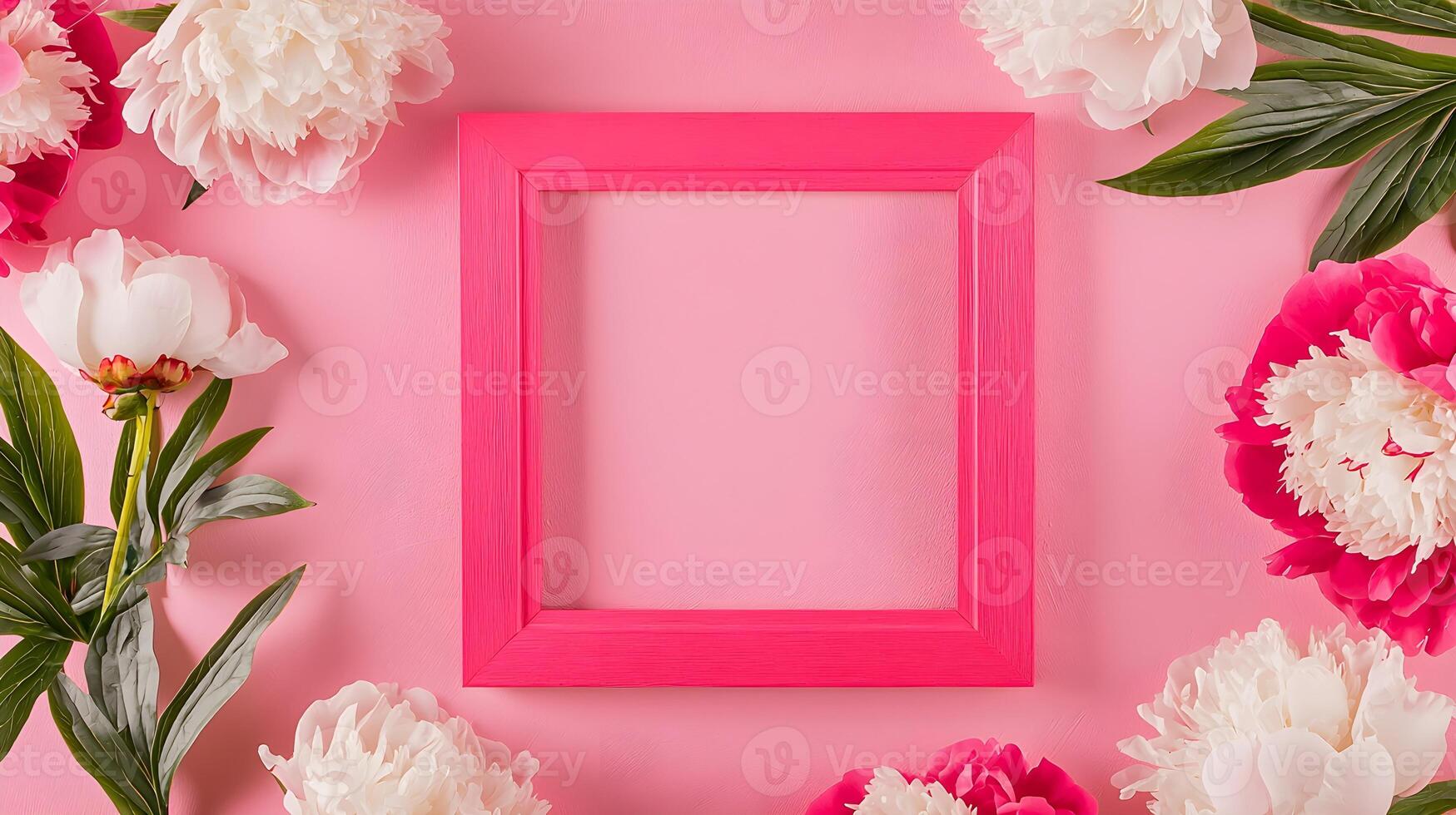 Pink Frame Surrounded by Beautiful Peonies on a Soft Pink Background photo