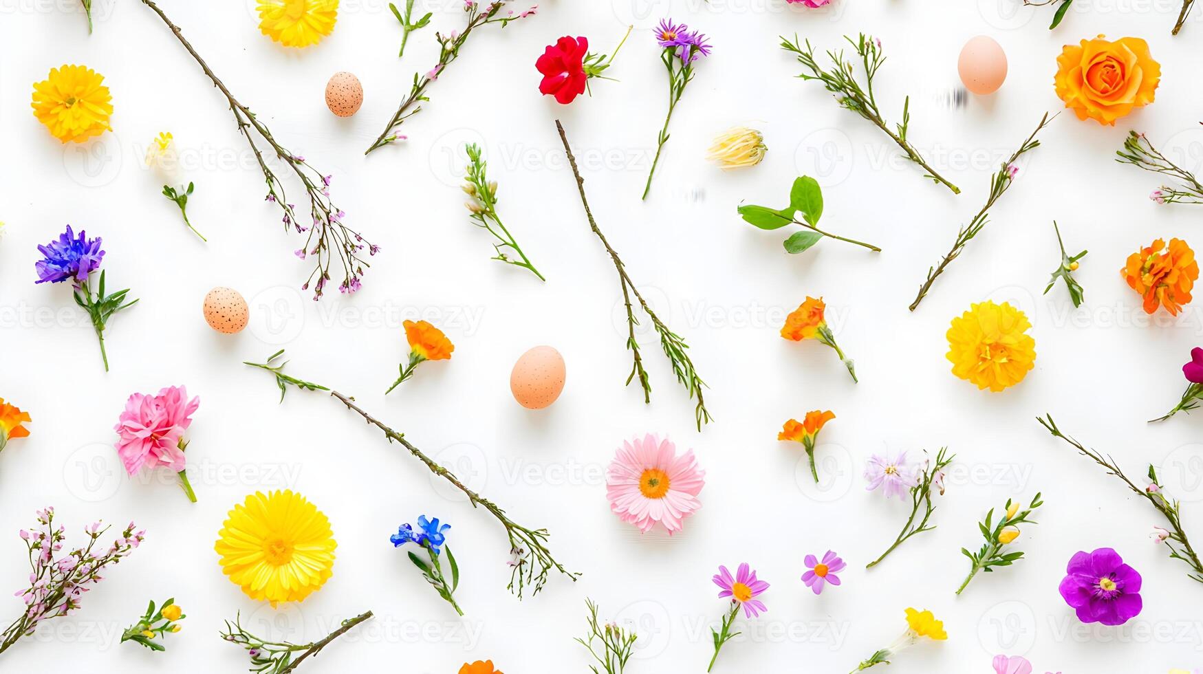 Colorful Spring Flower and Egg Composition on White Background photo