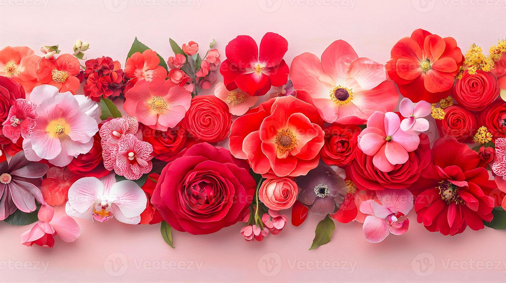 Vibrant Floral Arrangement in Shades of Red and Pink on Light Background photo