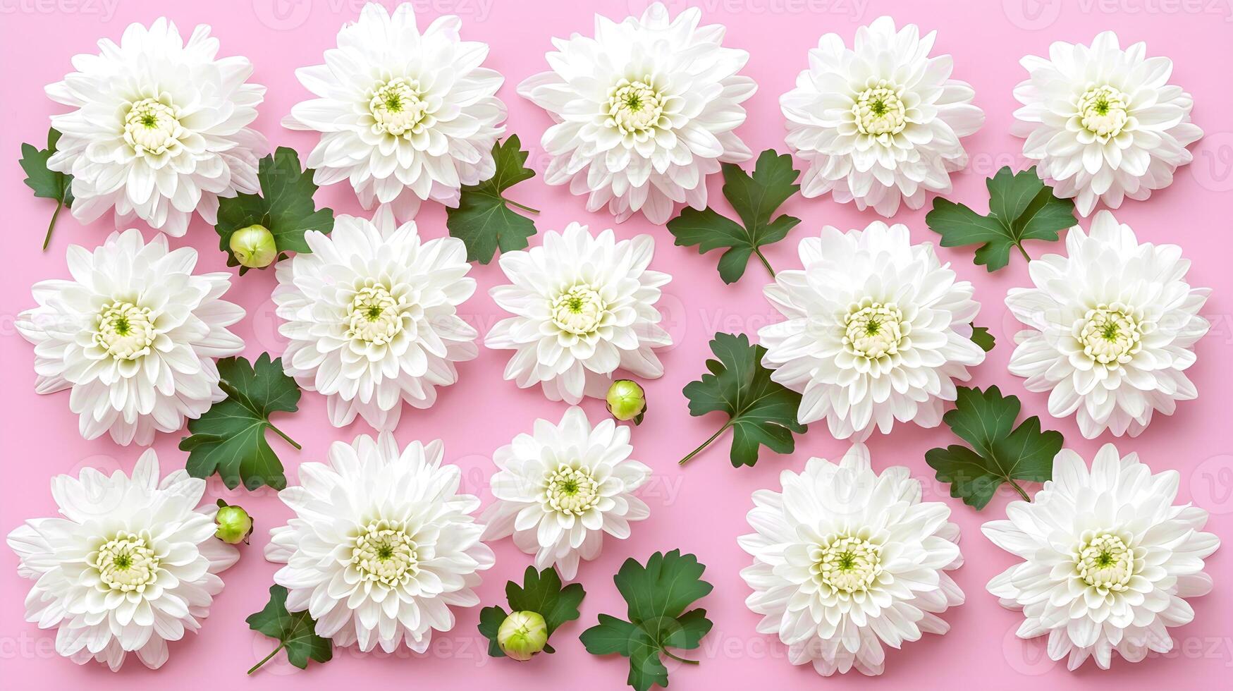 White Chrysanthemums Arrangement on Pink Background for Design photo