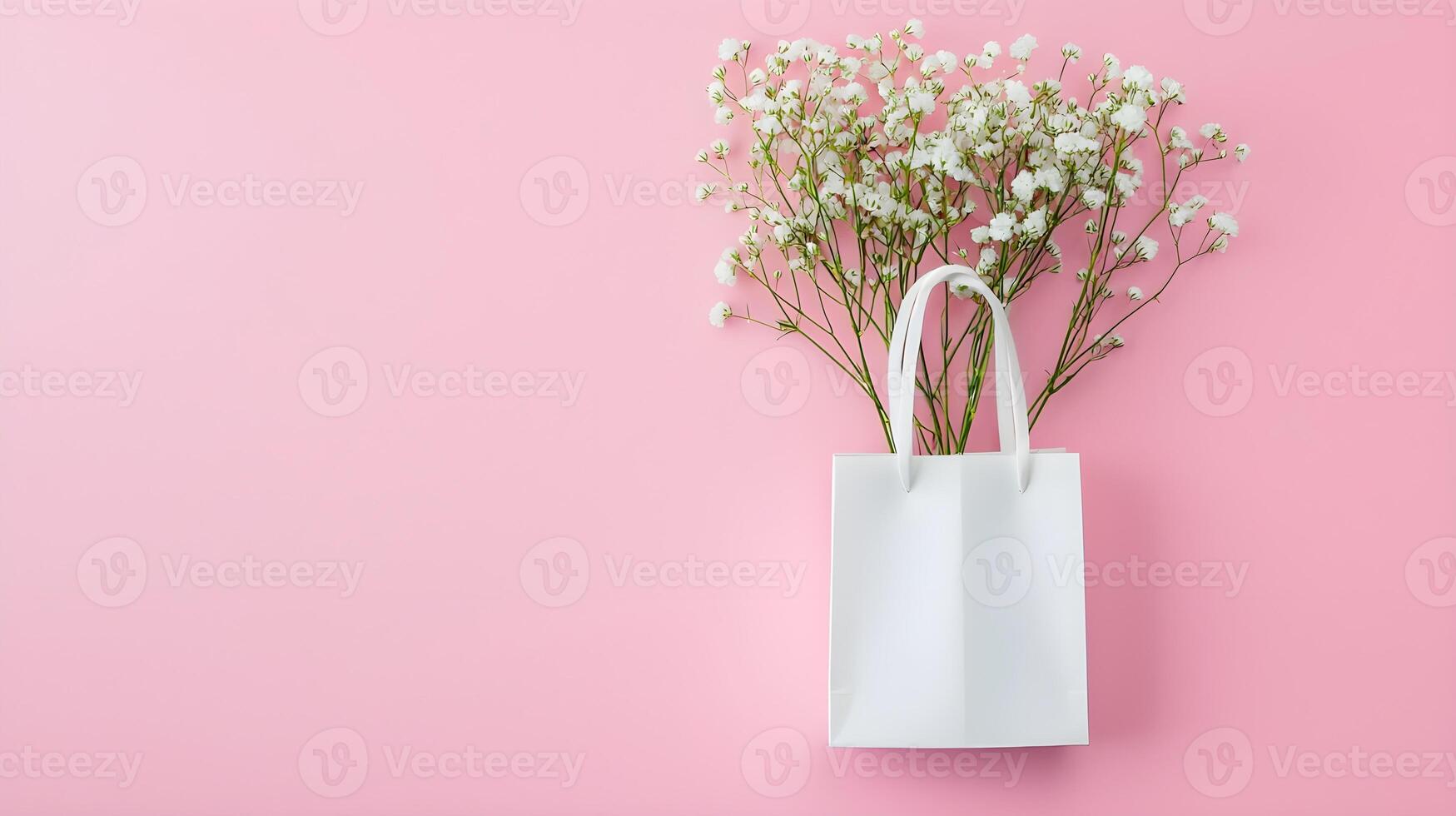 White Bag with Delicate White Flowers on Soft Pink Background photo