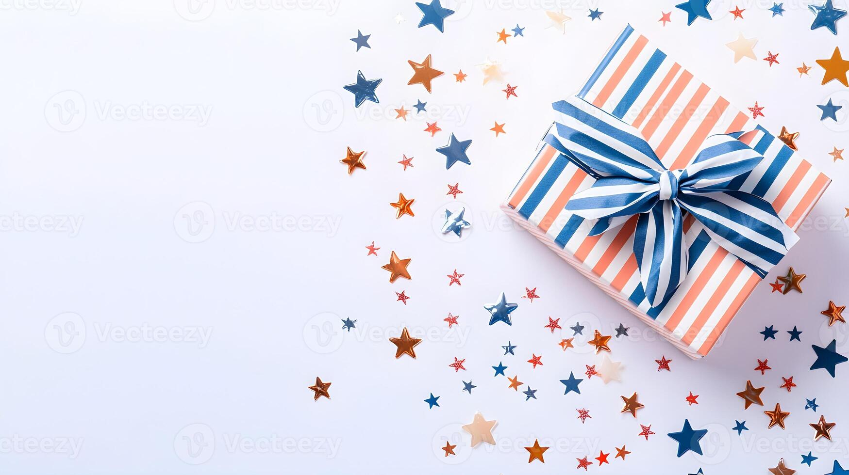 Decorative Gift Box with Bow and Colorful Star Confetti Background photo