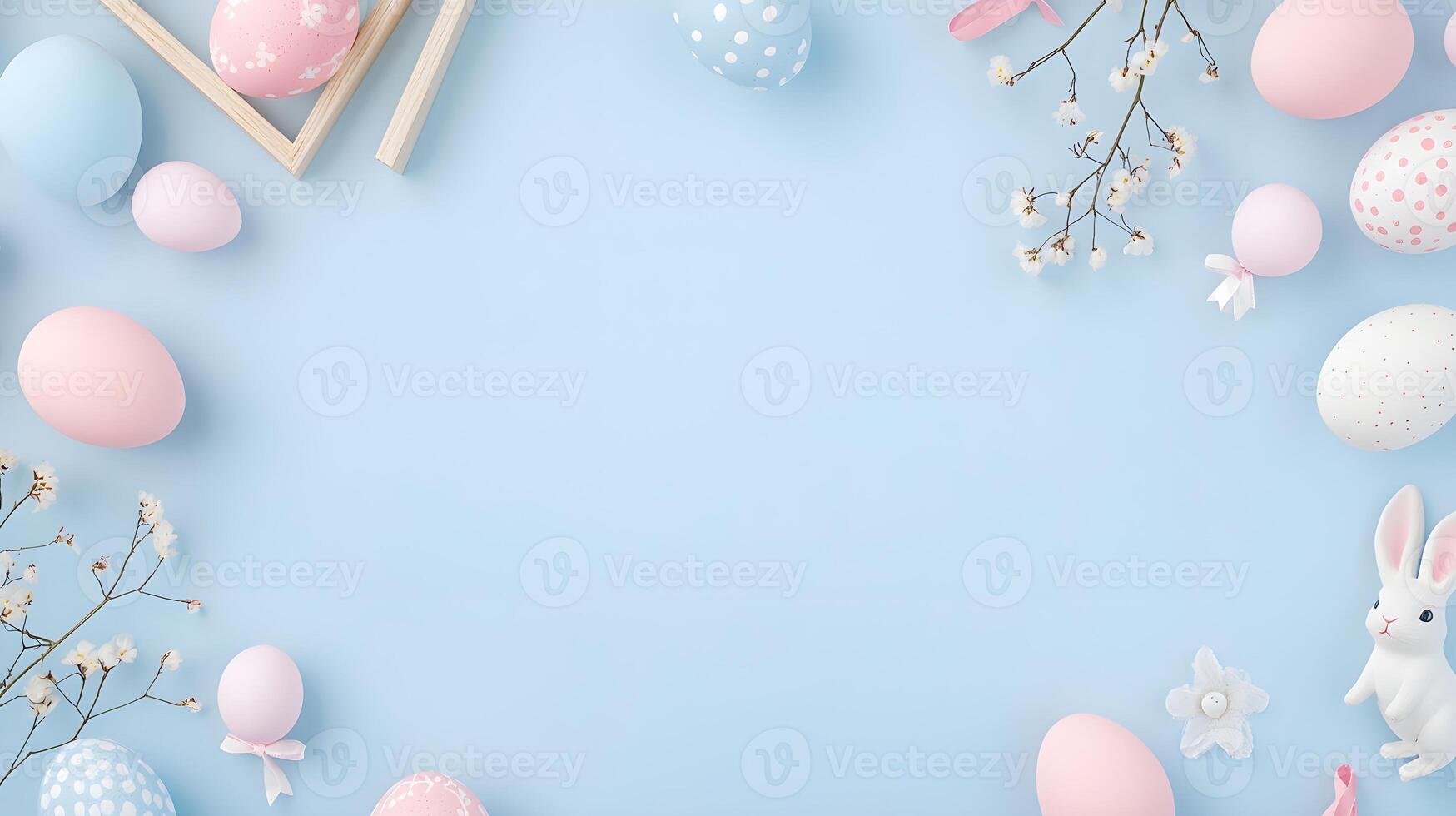 Colorful Spring Easter Decor with Eggs and Branches on Blue Background photo