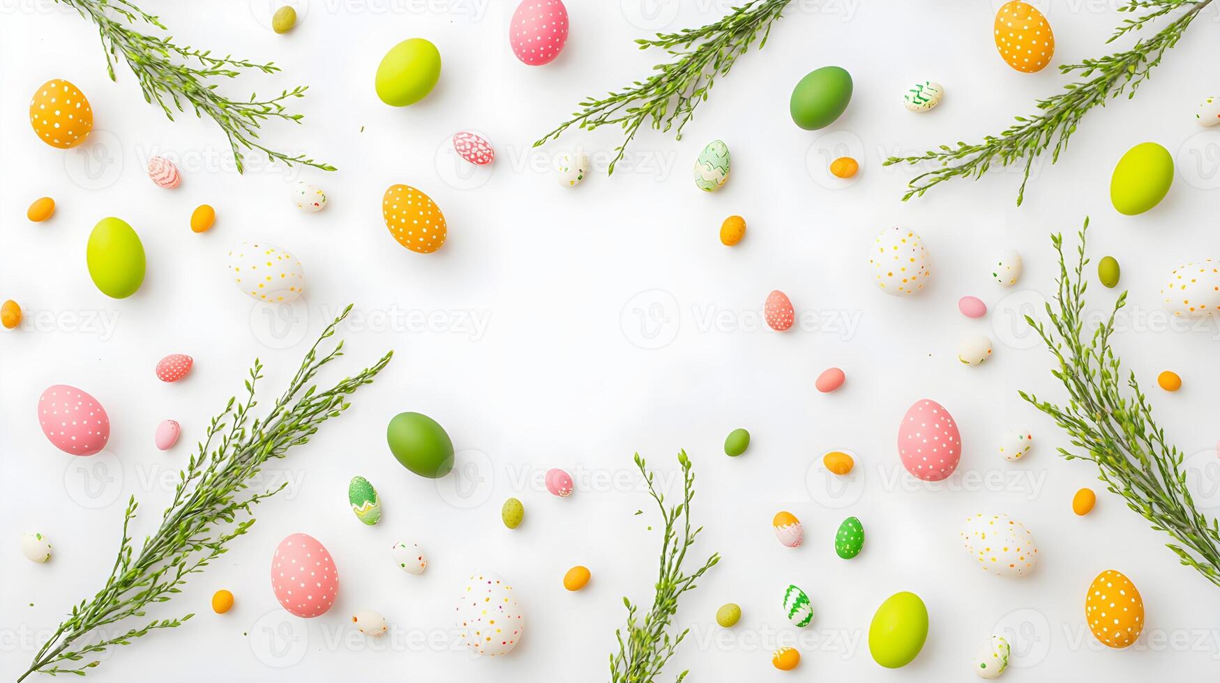 Colorful Easter Eggs with Green Branches on White Background photo