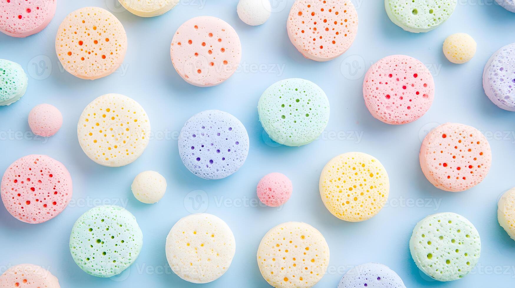Colorful Round Sponges on Blue Background for Cleaning and Crafting photo