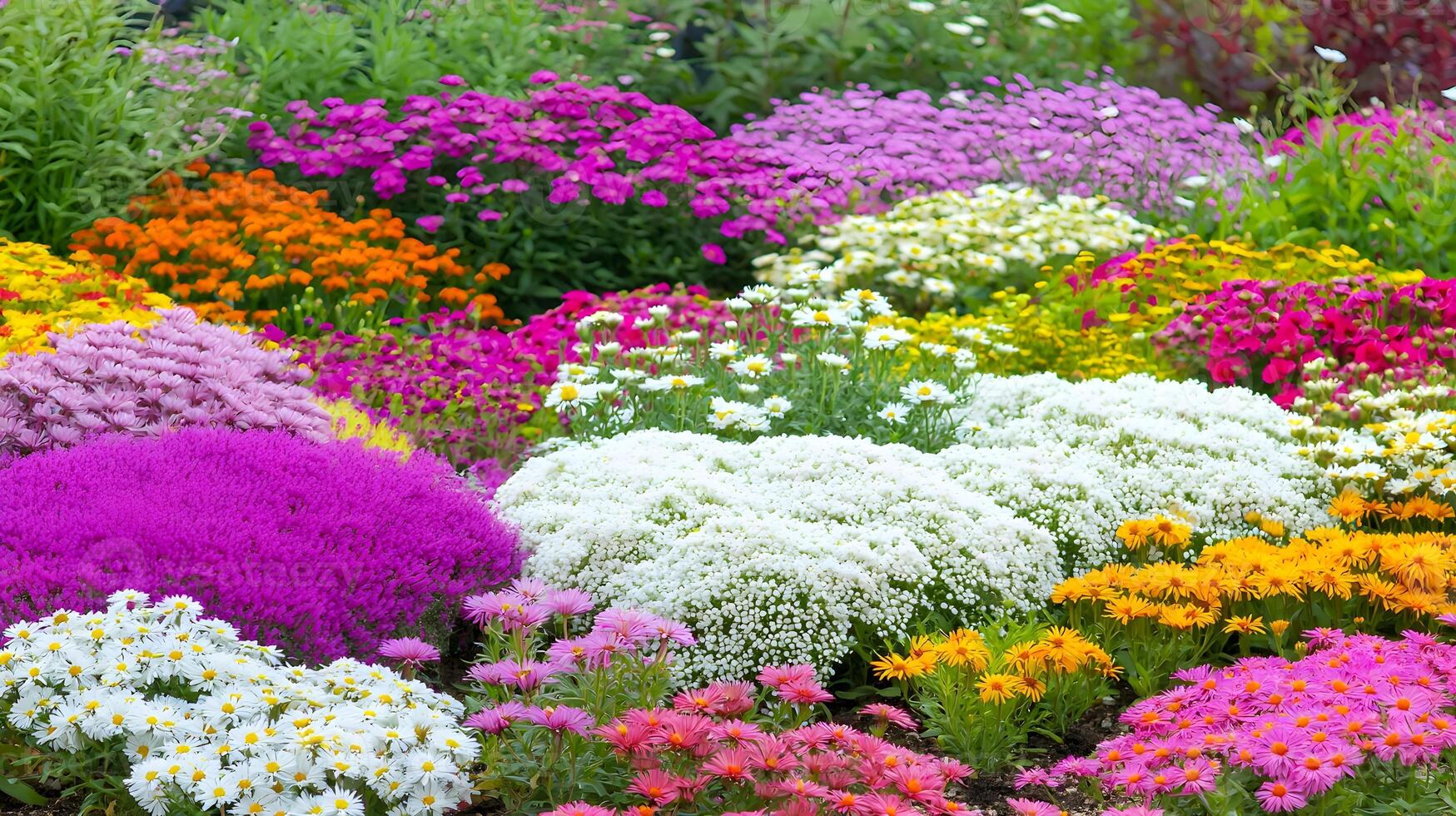 Vibrant Flower Field in Full Bloom with Colorful Blossoms and Foliage photo