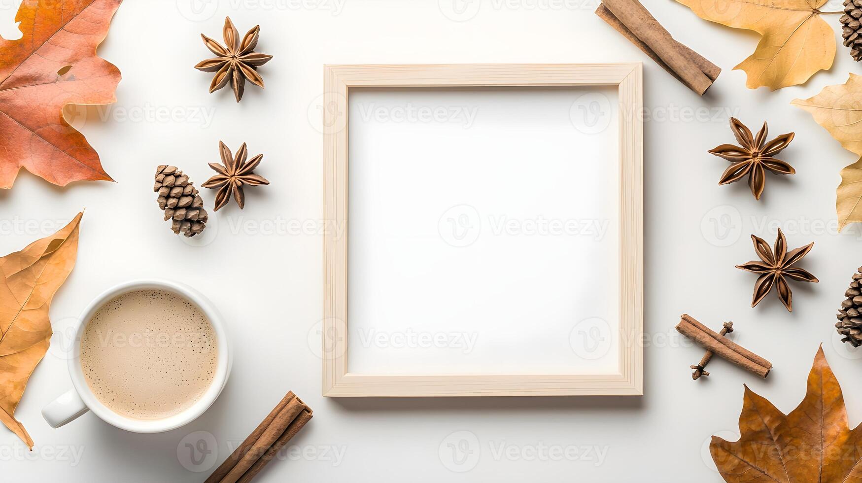 Cozy Autumn Flat Lay with Leaves, Spices, and Coffee Cup photo