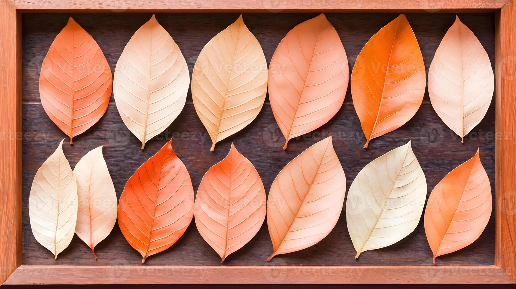 Colorful Decorated Leaves Arranged in a Wooden Frame Display photo