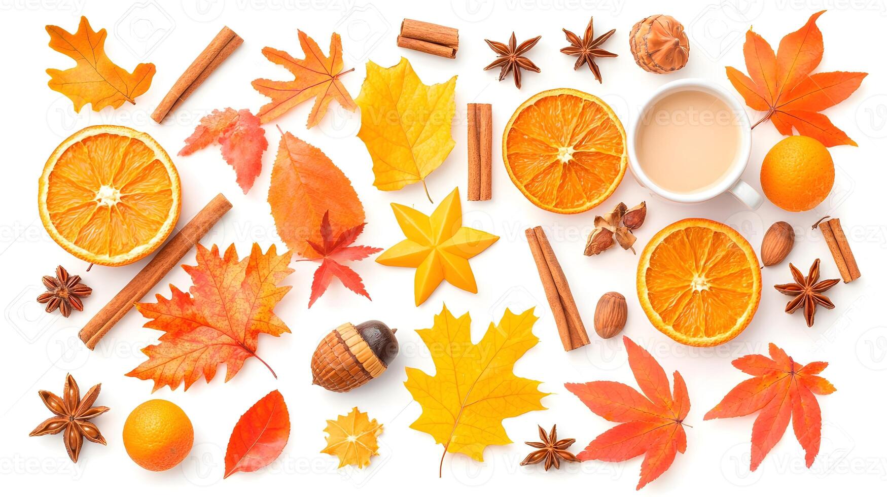 Vibrant Autumn Arrangement of Leaves, Spices, and Citrus Fruits photo