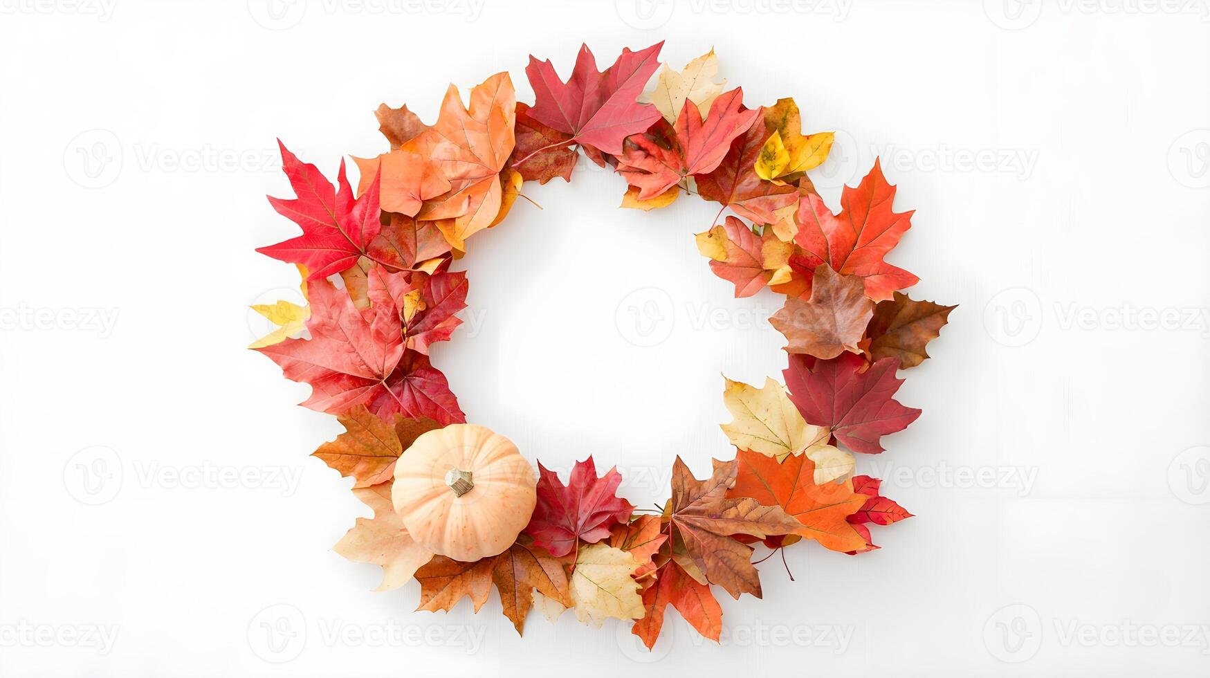 Autumn Wreath with Colorful Leaves and Pumpkin Decoration photo