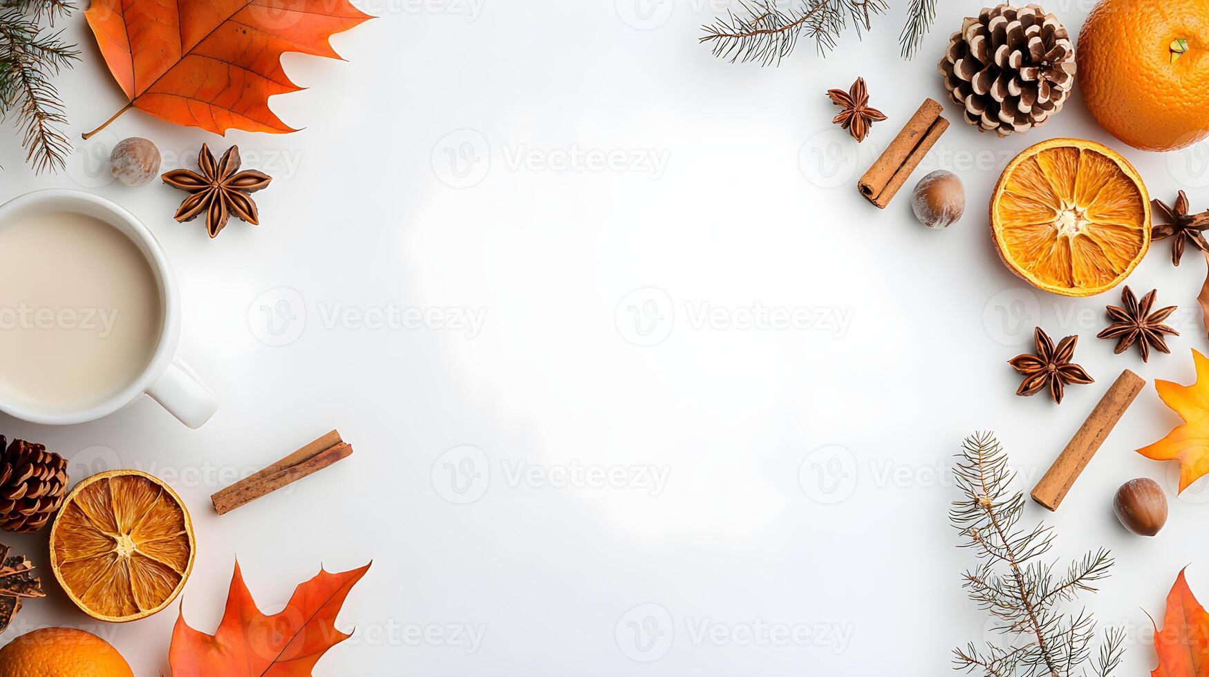 Autumn Seasonal Decor with Spices, Leaves, and Citrus on Table photo
