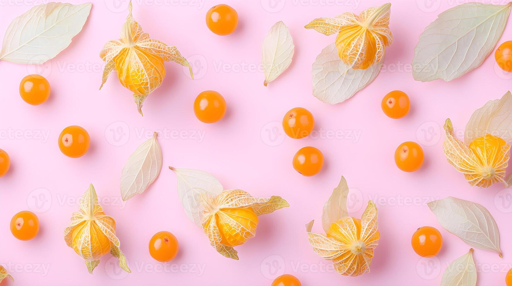 Colorful Arrangement of Physalis and Round Orange Berries on Pink photo