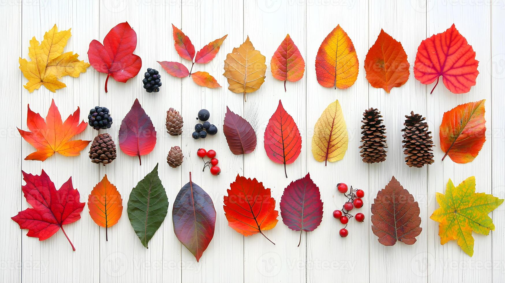 Colorful Collection of Autumn Leaves and Natural Elements Display photo